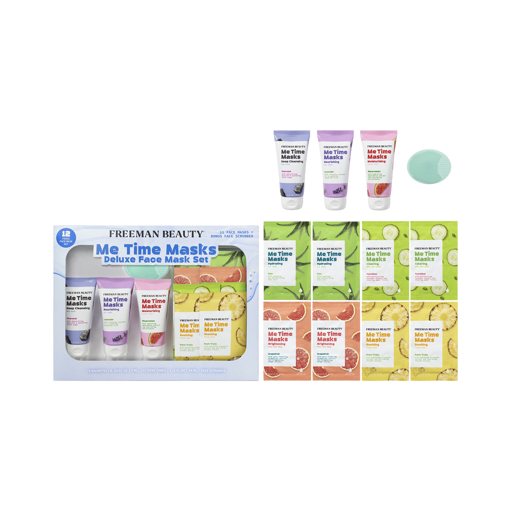 12-piece face mask set display with multiple tubes, sachets, and a mint-toned facial pad