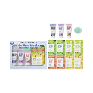 Face mask set packaging with assorted tubes and sachets, plus a mint facial pad