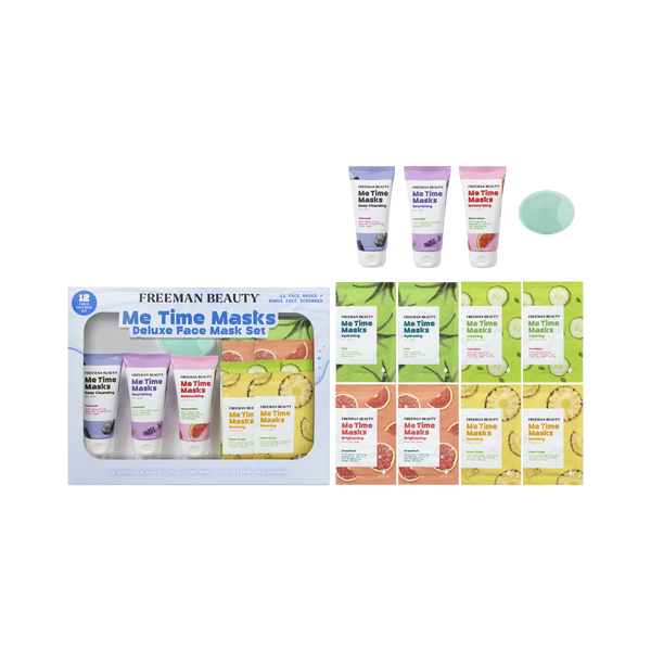 Face mask set packaging with assorted tubes and sachets, plus a mint facial pad
