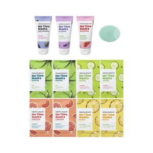 12-piece face mask set display with multiple tubes, sachets, and a mint-toned facial pad