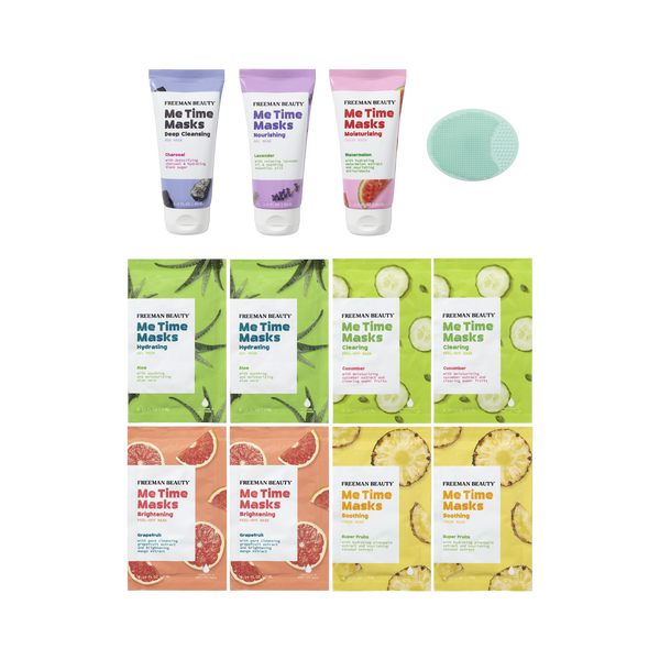 12-piece face mask set display with multiple tubes, sachets, and a mint-toned facial pad