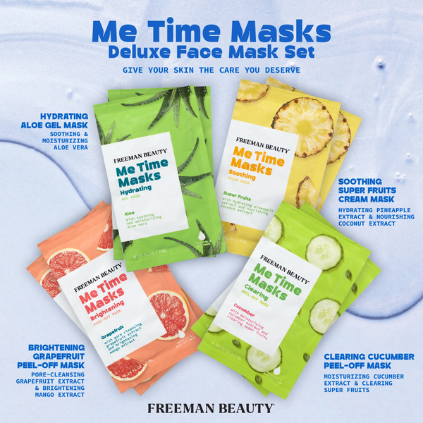 Assorted Me Time mask packets and tubes with green facial scrub pad included