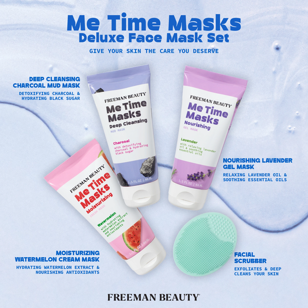 Me Time deluxe face mask set items with facial gel pad and assorted mask tubes and sachets