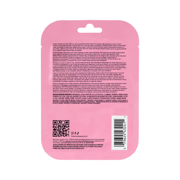 Freeman Ultra-hydrating face sheet mask pouch, back with QR code and barcode