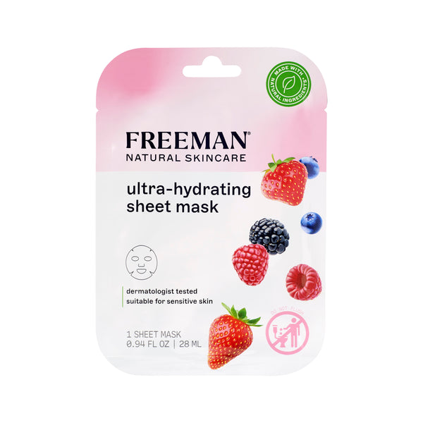 Freeman ultra-hydrating sheet mask pouch with strawberry, blueberry, and raspberry graphics