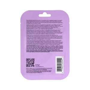 Back of purple calming sheet mask package with barcode and ingredient text