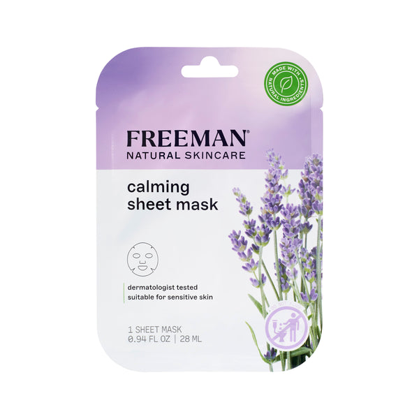 Front of Freeman calming sheet mask package with lavender flowers