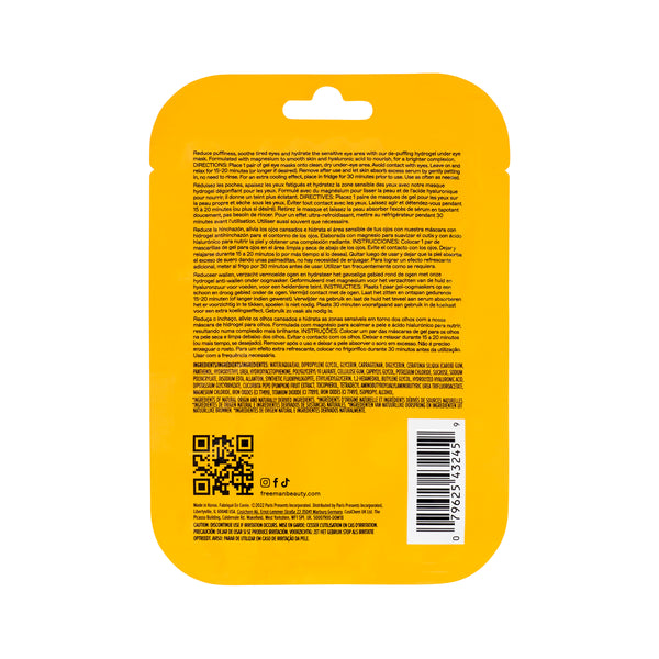 De-puffing hydrogel under eye mask pouch in yellow and white with QR code