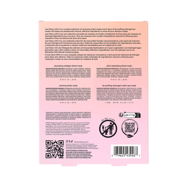 Freeman Just Glow With It Facial Mask Set ingredient list and product information on back of packaging