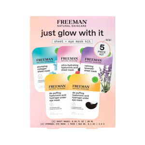 Just Glow With It sheet and eye mask kit box, 5-piece facial mask set.