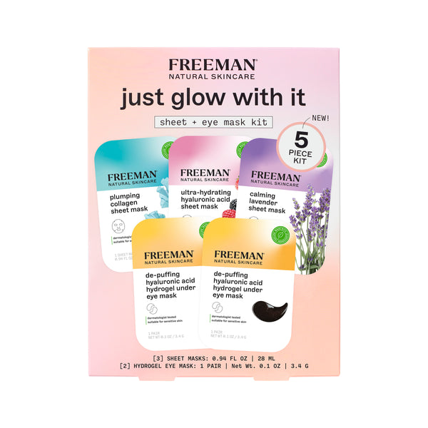 Just Glow With It sheet and eye mask kit box, 5-piece facial mask set.