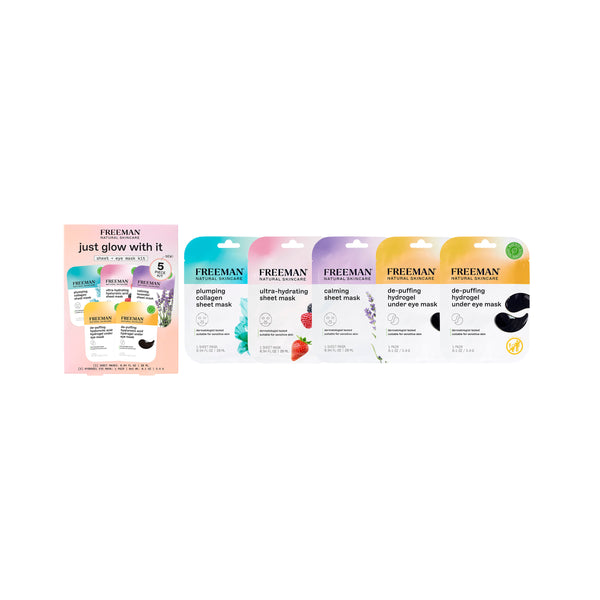 Freeman Just Glow With It facial mask set including three sheet masks and two pairs of hydrogel eye masks