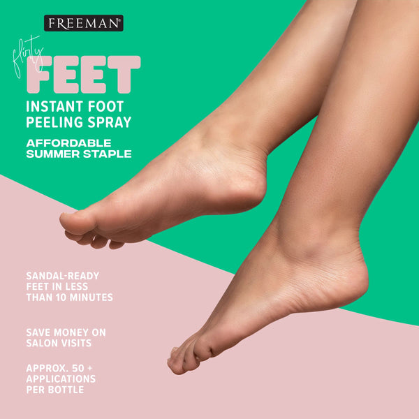 Bare feet with Freeman instant foot peeling spray bottle in a promotional graphic