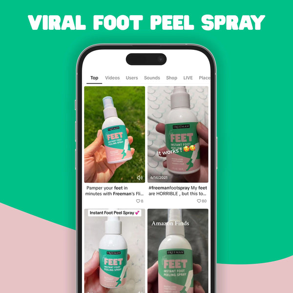 Smartphone screen showing instant foot peeling spray with Freeman bottle preview