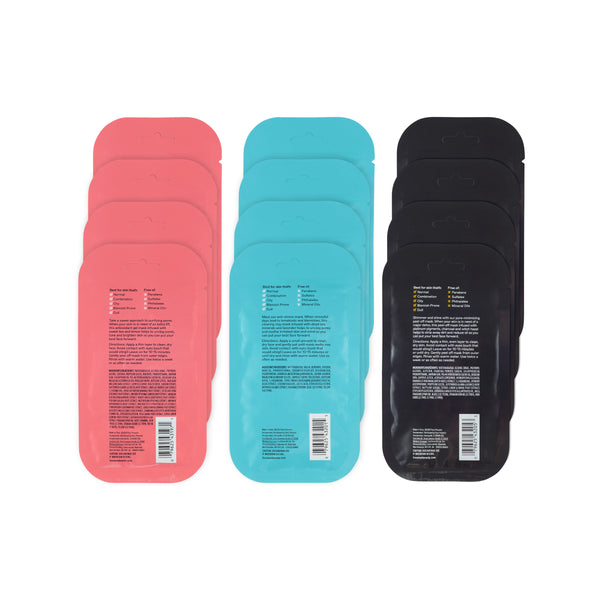 Facial mask bundle backs with ingredient labels: pink, blue, and black packets.
