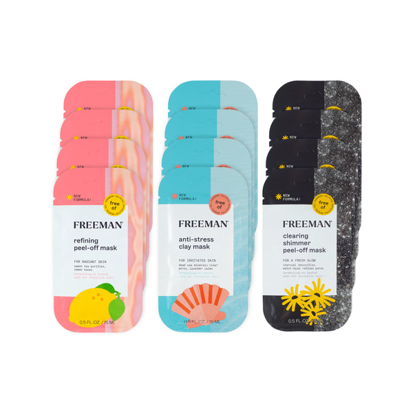 Facial mask bundle with three FREEMAN peel-off packets: pink, blue, and black.