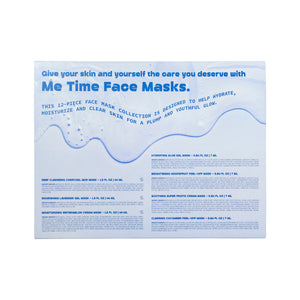 Me Time face mask set back label showing hydration and cleansing instructions