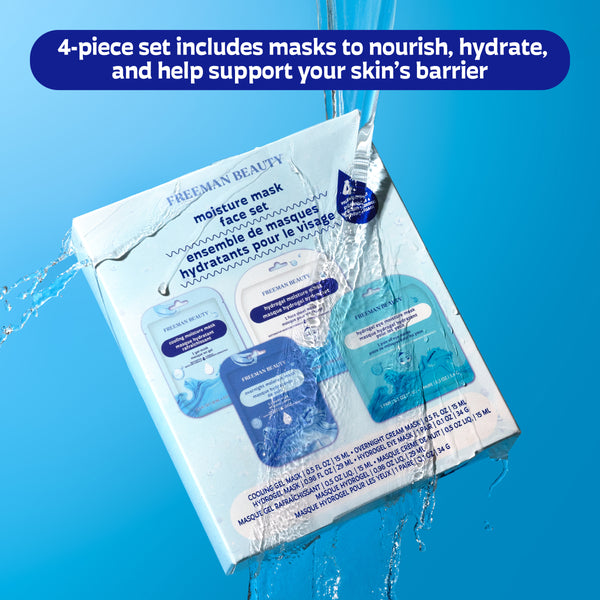 Freeman Moisture Mask Face Set featuring four skincare masks under splashing water
