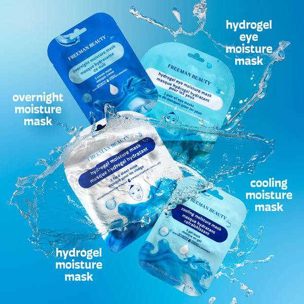 Freeman Moisture Mask Face Set featuring four different facial mask packets surrounded by water splashes