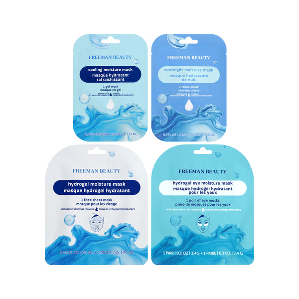Freeman Moisture Mask Face Set featuring four different blue skincare mask packets