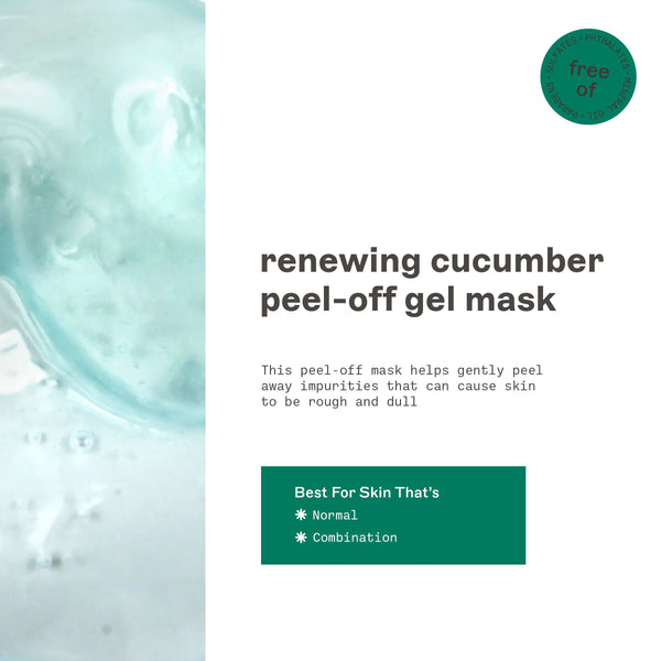 Renewing cucumber peel-off gel mask product panel with skin-type guidance