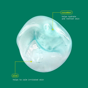 Clear light-blue peel-off gel mask dome with cucumber and aloe callouts