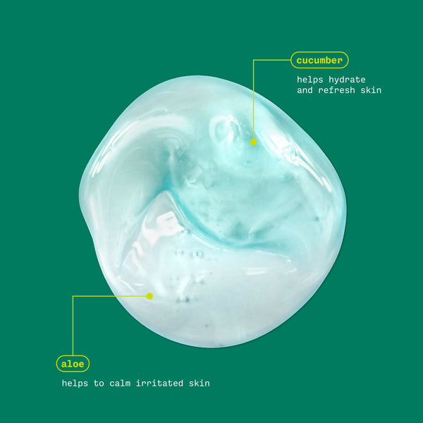 Clear light-blue peel-off gel mask dome with cucumber and aloe callouts