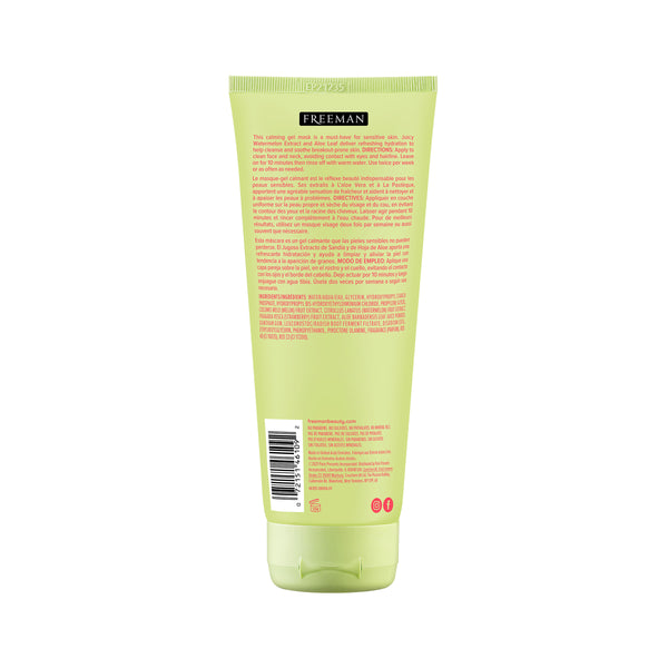 Back of Freeman Watermelon and Aloe Cooling Gel Facial Mask tube with product information and ingredients list