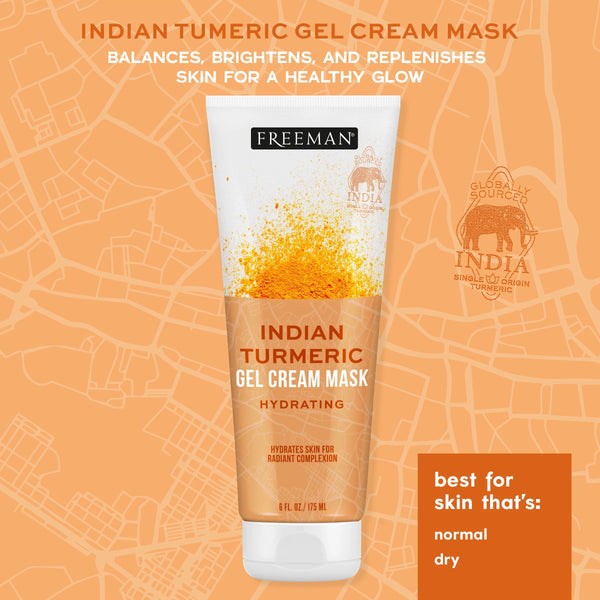 Indian turmeric gel cream facial mask tube with gold speckled texture and Freemans logo