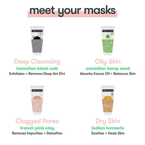Facial mask variety guide with four mask options shown in labeled panels