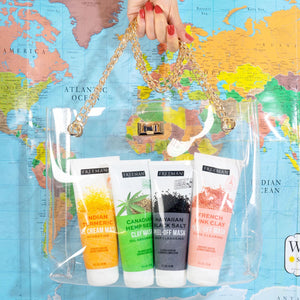 Assorted facial mask tubes display on a world map background