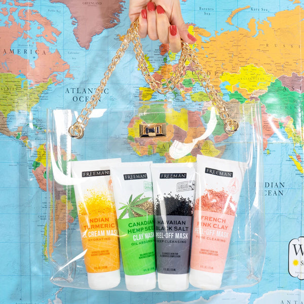 Assorted facial mask tubes display on a world map background