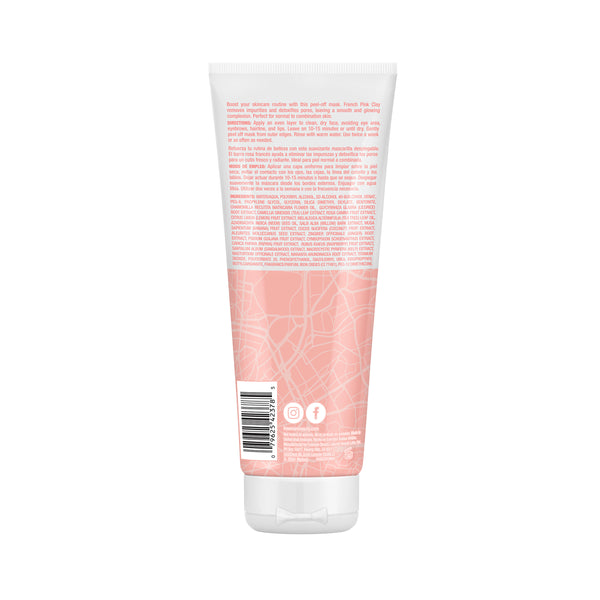 Pink clay facial mask tube with printed ingredient text and Freemans branding