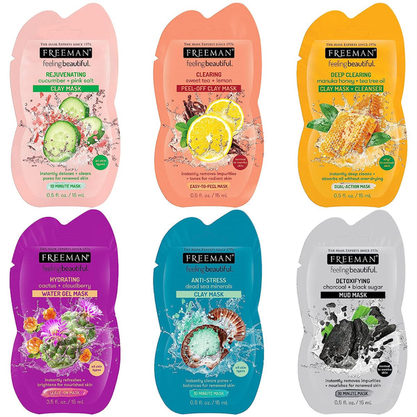 Freeman feeling beautiful facial mask variety bundle, assorted peel-off and clay mask pouches