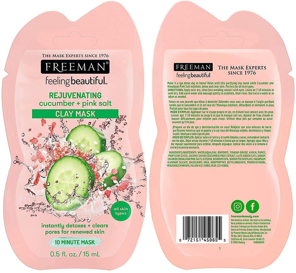 Freeman feeling beautiful rejuvenating cucumber + pink salt clay mask pouch, front and back