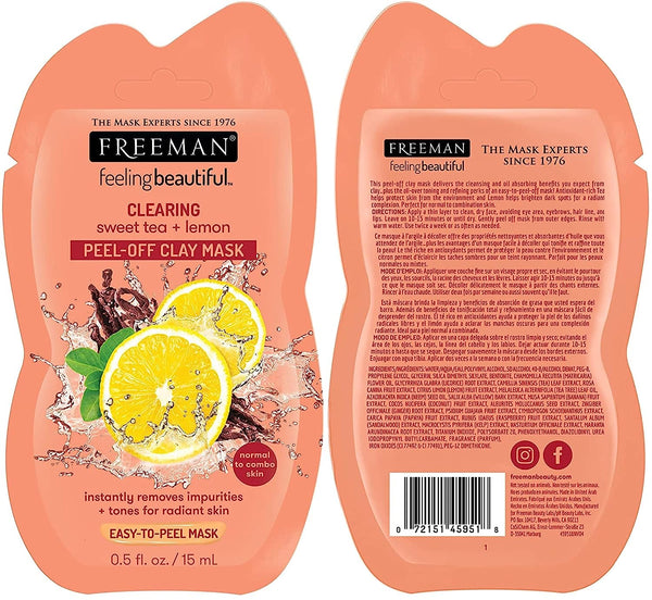 Freeman feeling beautiful clearing sweet tea + lemon peel-off clay mask pouch, front and back