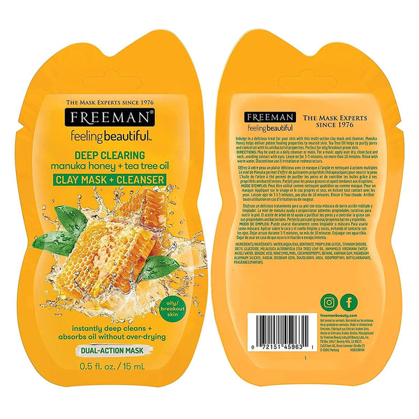 Freeman feeling beautiful deep manuka honey + tea tree clay mask pouch, front and back