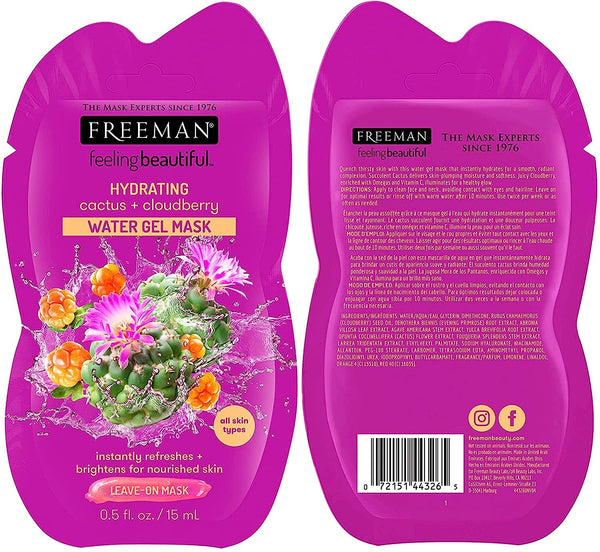 Freeman feeling beautiful hydrating cactus + cloudberry water gel mask pouch, front and back