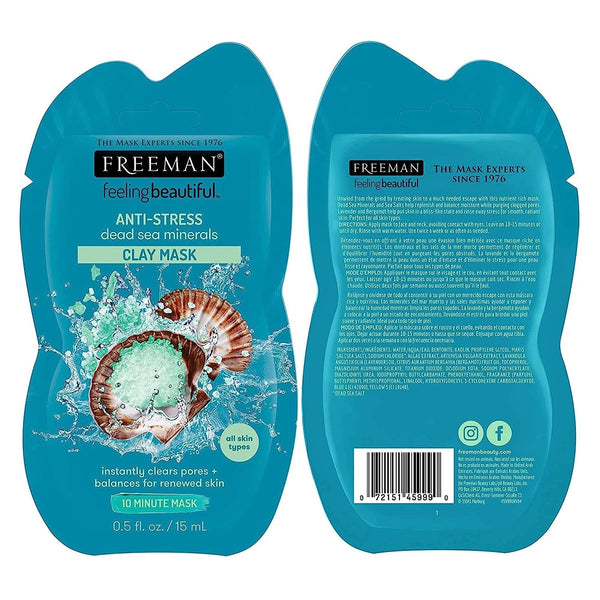 Freeman feeling beautiful anti-stress dead sea minerals clay mask pouch, front and back