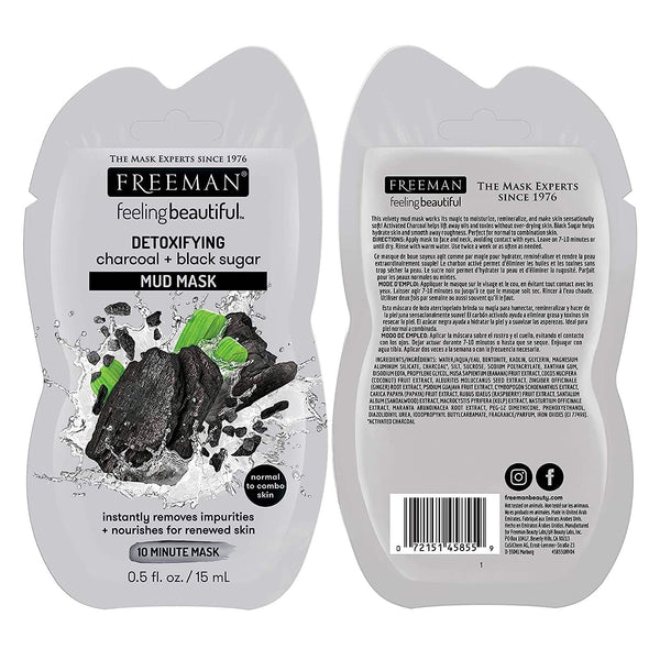 Freeman feeling beautiful detoxify charcoal + black sugar mud mask pouch, front and back