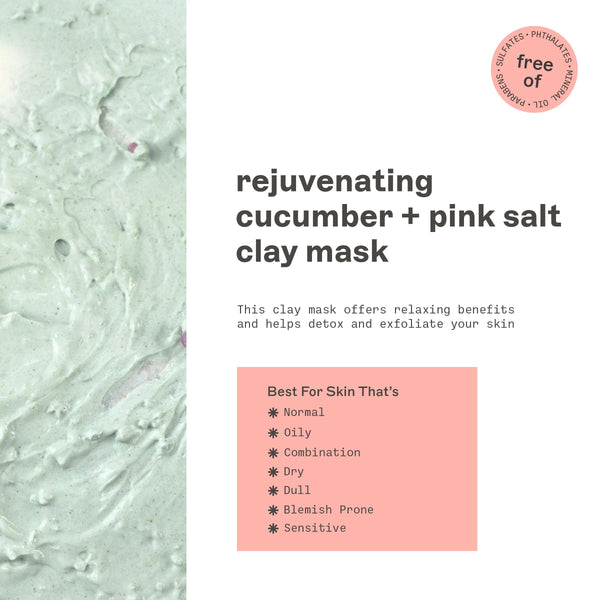 Rejuvenating cucumber + pink salt clay mask information panel with skin-type list