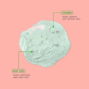 Cucumber + pink salt clay texture graphic for facial mask, labeled ingredients