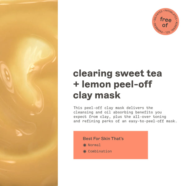 Clearing sweet tea + lemon peel-off clay mask information panel with skin-type list