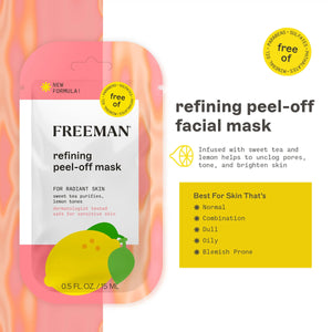 FREEMAN refining peel-off facial mask packet, white and pink with yellow fruit graphic.