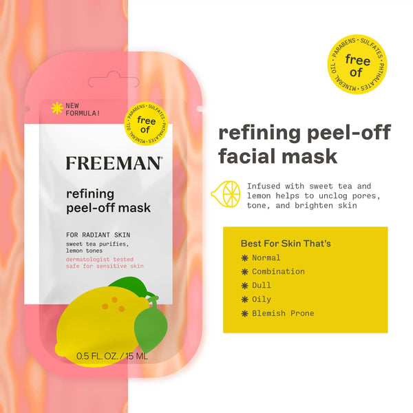 FREEMAN refining peel-off facial mask packet, white and pink with yellow fruit graphic.