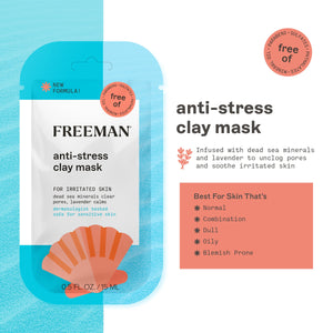 FREEMAN anti-stress clay mask packet, light blue with orange shell graphic.