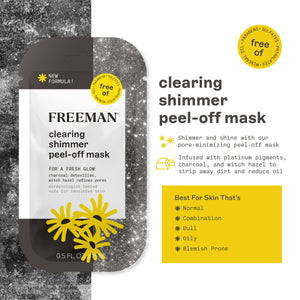 FREEMAN clearing shimmer peel-off mask packet, gray-black with yellow flower graphic.
