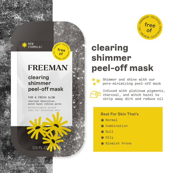 FREEMAN clearing shimmer peel-off mask packet, gray-black with yellow flower graphic.