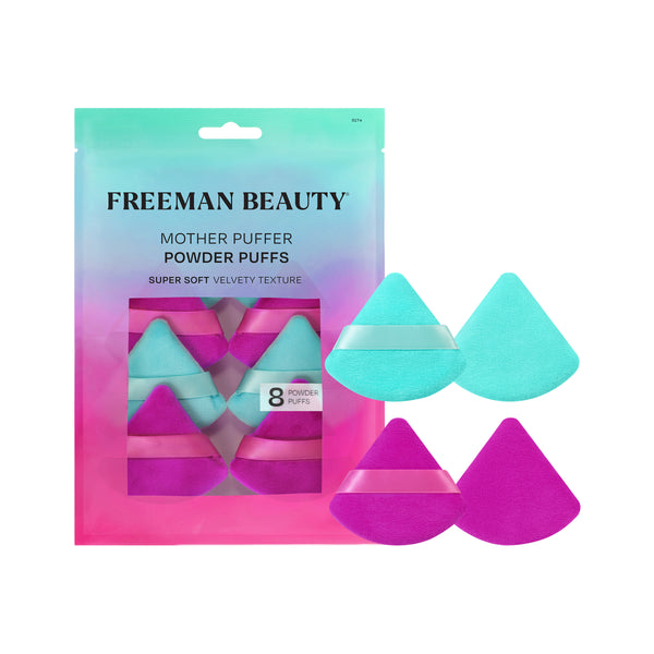 FREEMAN BEAUTY Mother Puffer powder puff set in retail bag with purple and turquoise puffs