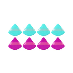 Assorted powder puffs: four turquoise and four purple tear-drop puffs